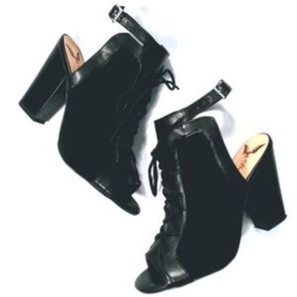 Penny Loves Kenny Black Peep Toe Chunky Heel Ankle Booties Size 7.5 - Picture 2 of 12